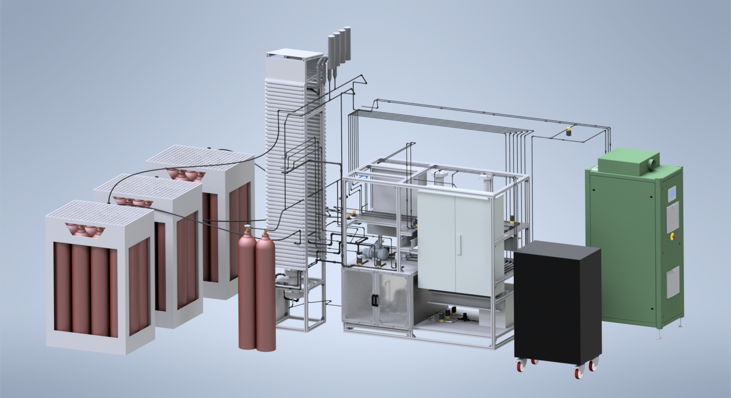 CAD model of the complete methanation plant, viewed from the rear right