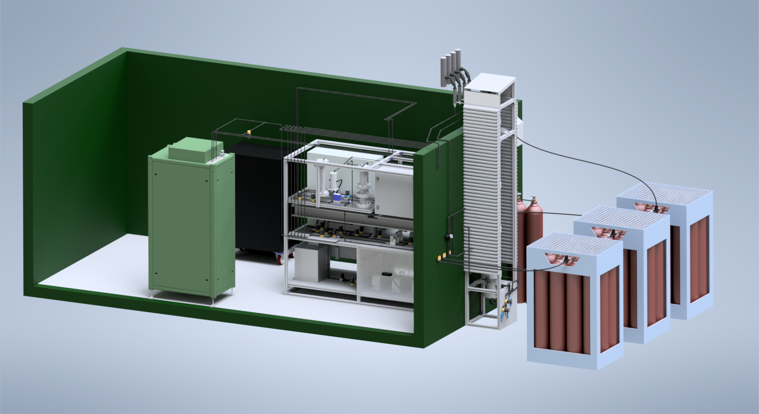 Opened CAD view of the complete methanation plant, viewed from the left