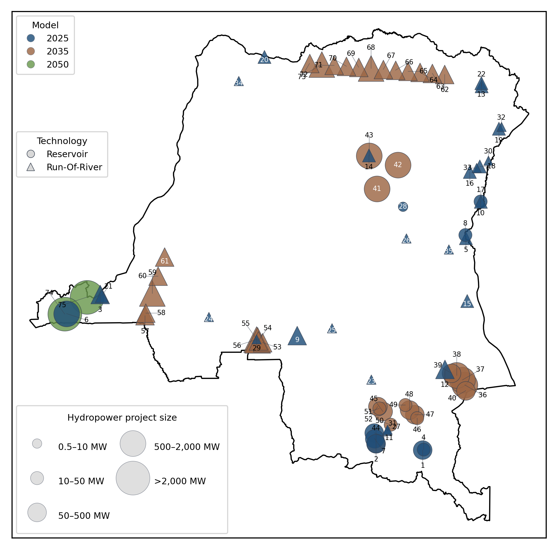 Numbered hydroelectric power plants, showing expansion potential in the DRC by model year and location.