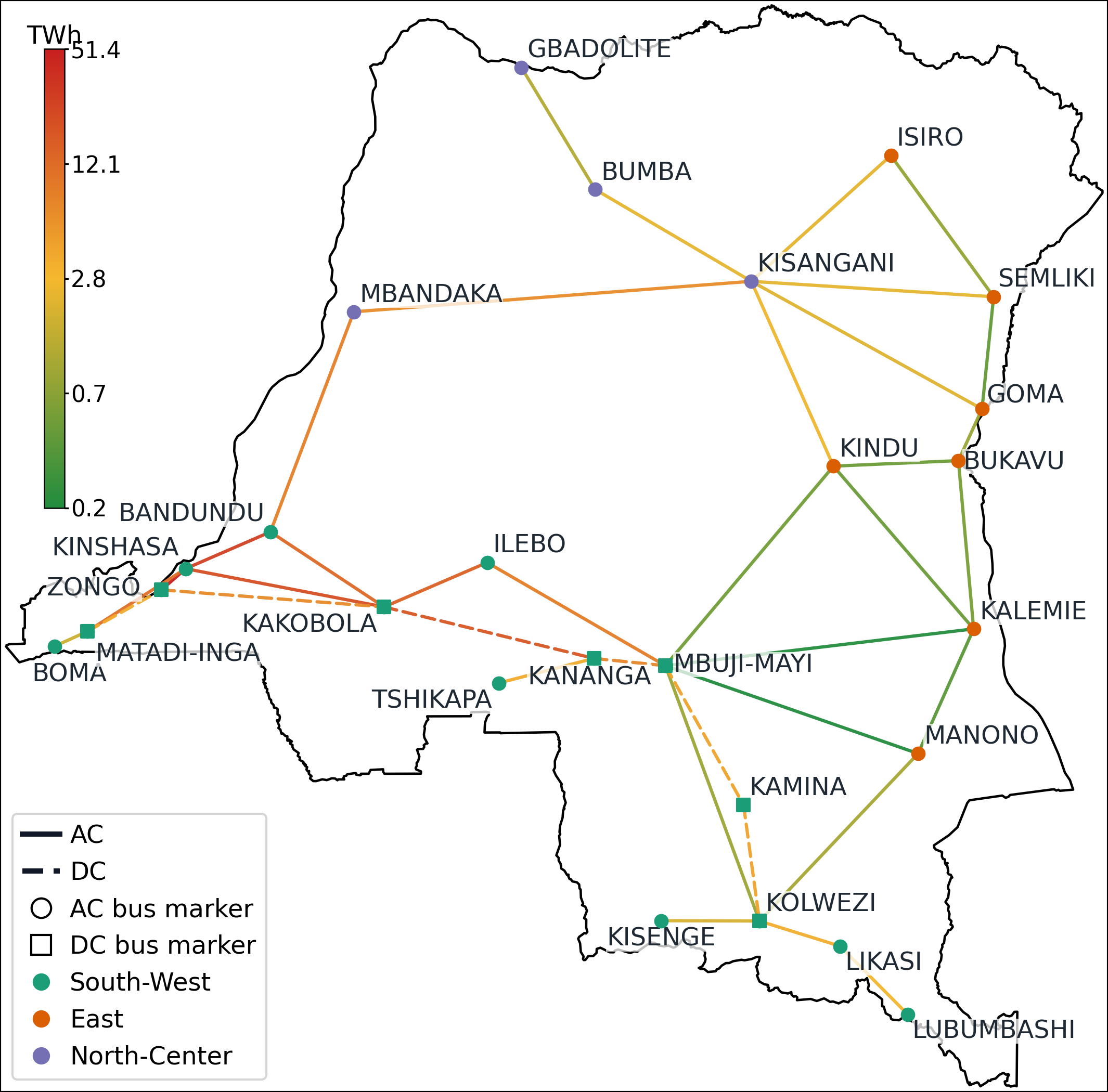 The resulting PyPsa network for the year 2050, with line colors representing annual energy transmission, ranging from green for minimum values to red for maximum values. The minimum and maximum annual transmission limits are labeled.